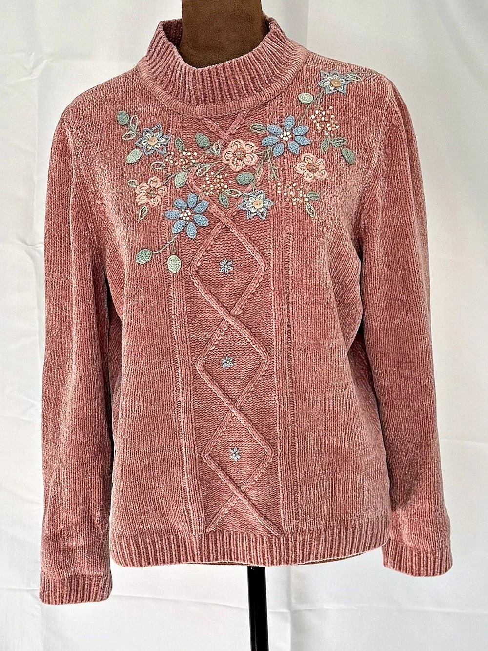 Vintage Alfred Dunner Pink Chenille Floral Embroidered Mock Neck Sweater PL